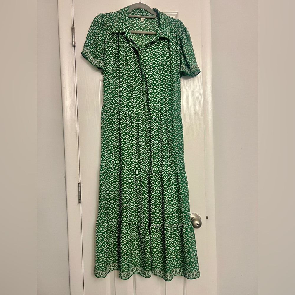 Max Studio Green Pleated Maxi Dress Notched Collar